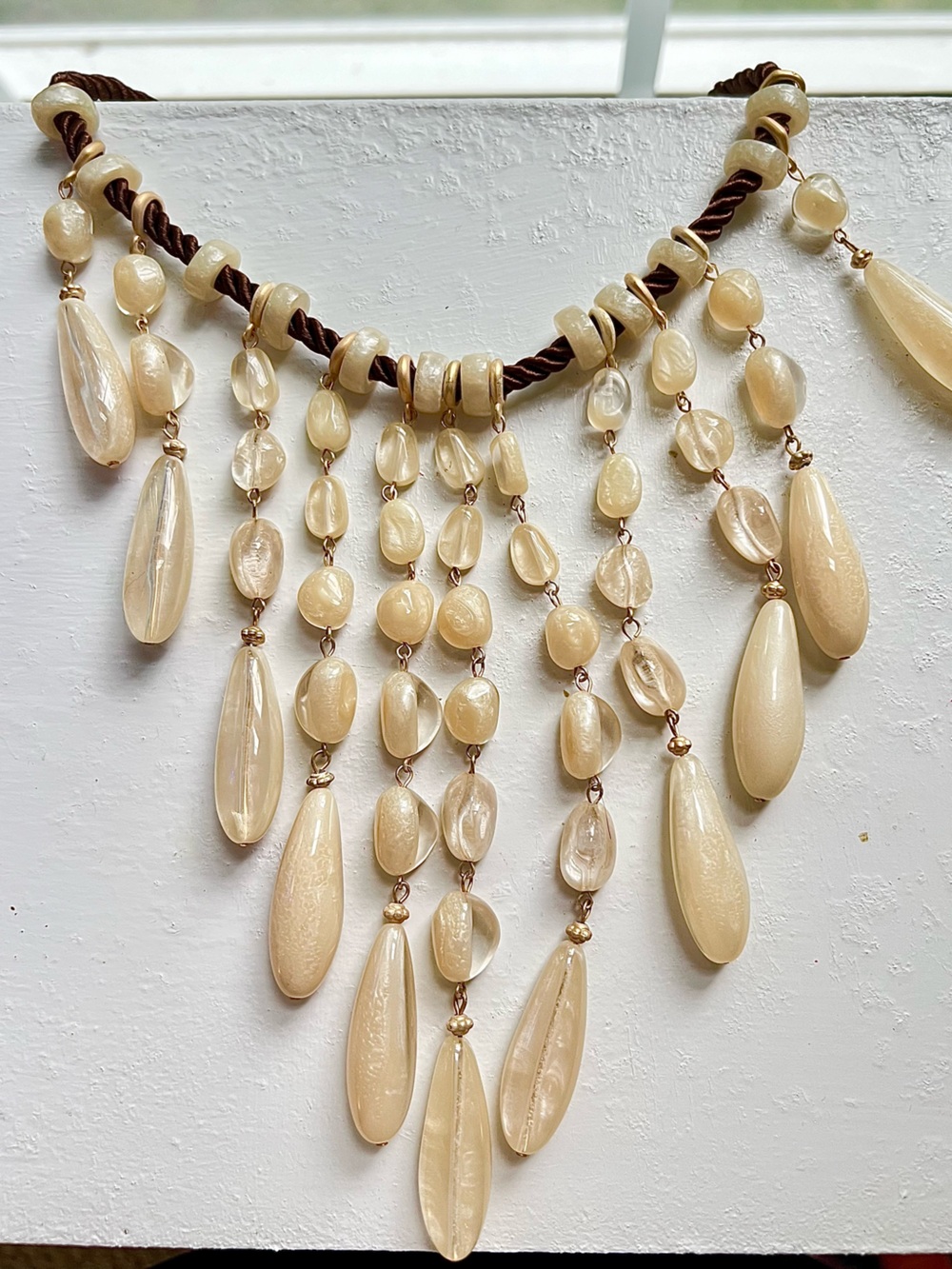 Vintage Cream Glass Bead Fringe Statement Necklace Boho Waterfall Bib - Picture 5 of 5